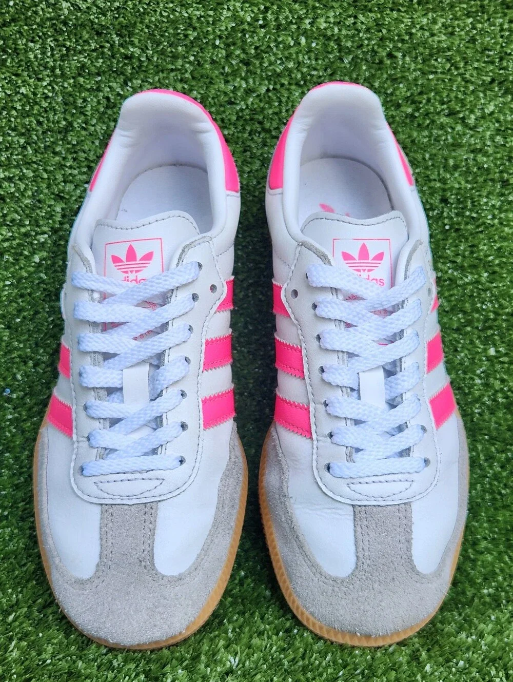 Adidas Samba Big Girls Kids Classic White Pink Leather Sneakers Shoes Size 3.5